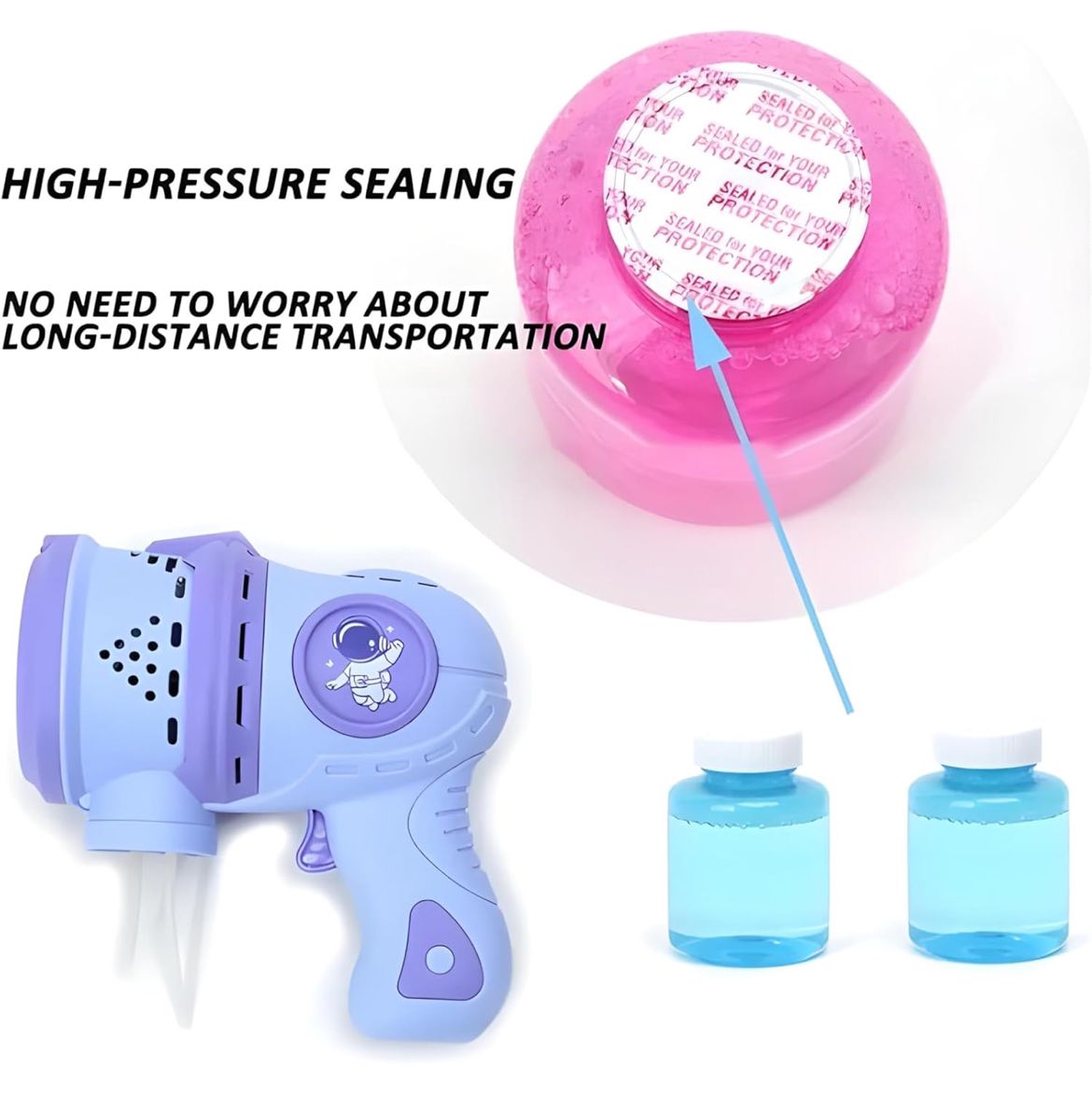 Rechargeable Bubble Machine with LED Lights, 2 Bubble Solution Bottles,