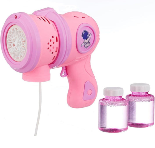 Rechargeable Bubble Machine with LED Lights, 2 Bubble Solution Bottles,