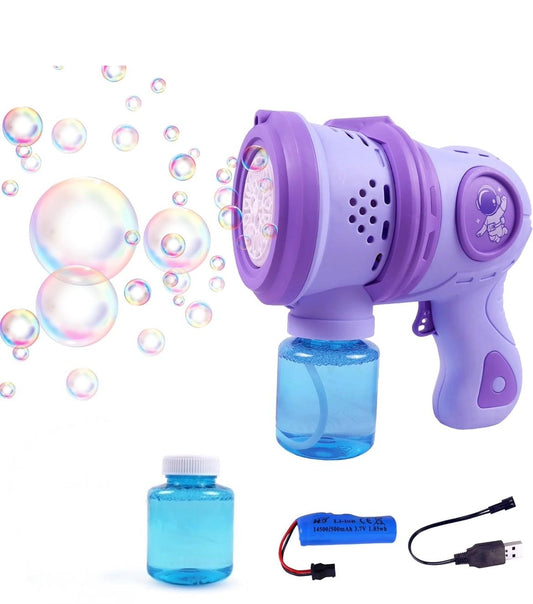 Rechargeable Bubble Machine with LED Lights, 2 Bubble Solution Bottles,